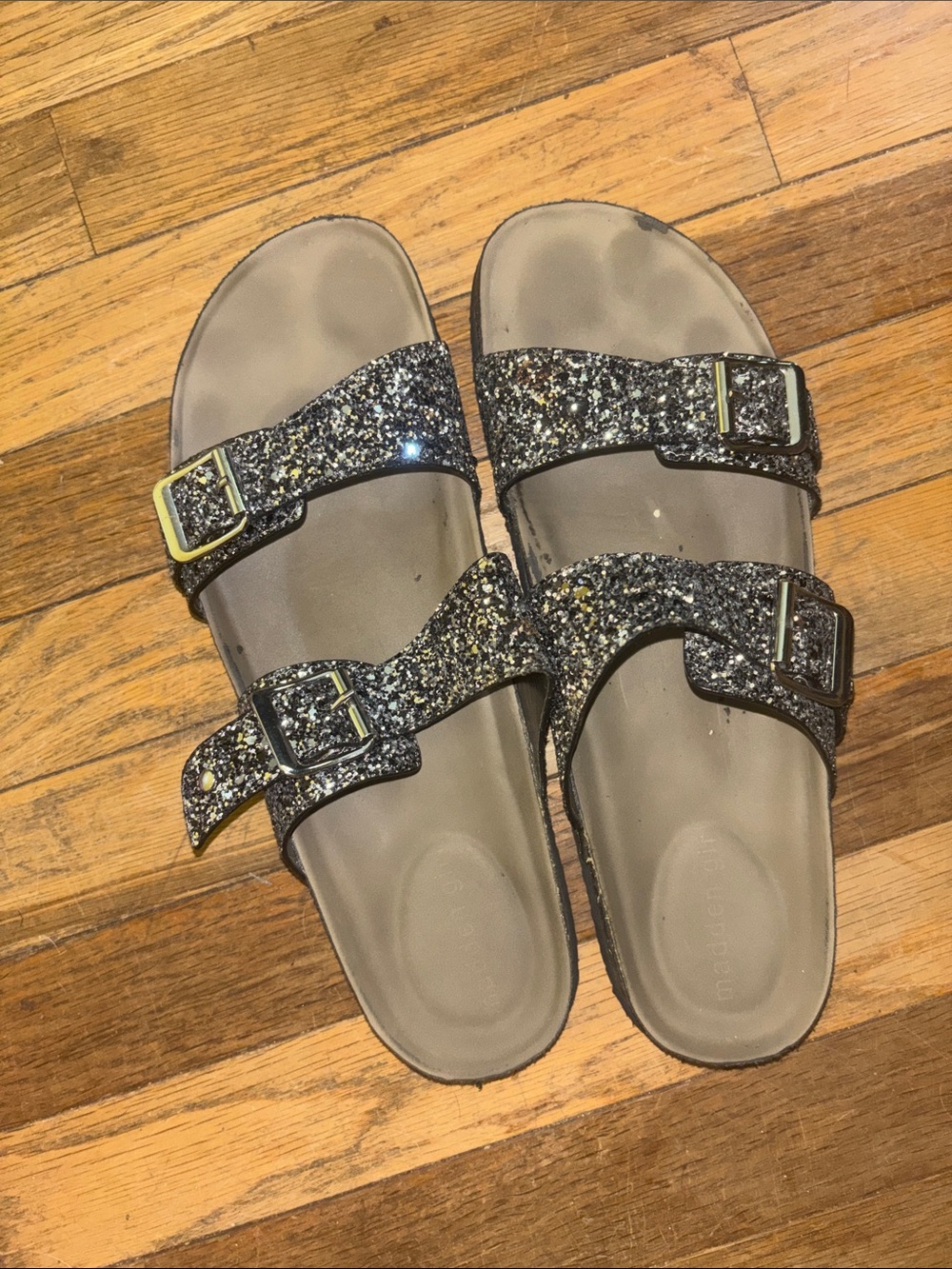 Madden Girl Glitter Double-Buckle Slide Sandals - Black/Silver